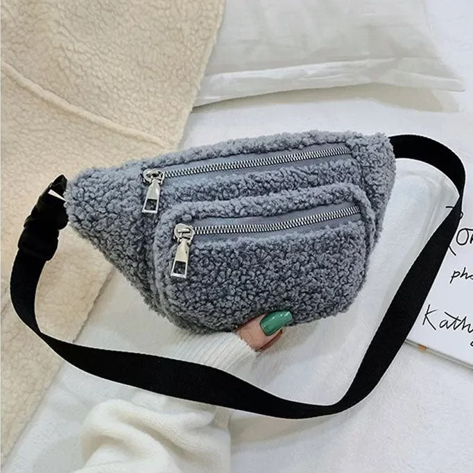 sac banane laine bouclette bleu gris 