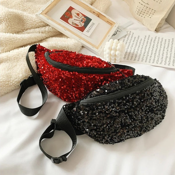 Sac Banane Pailleté + Porte-monnaie Assorti - Taille Unique - Polyuréthane Imperméable - Idéal Voyage, Sport, Quotidien