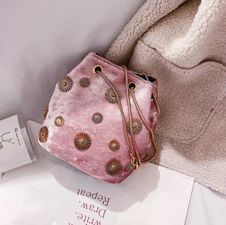 sac seau velours rose